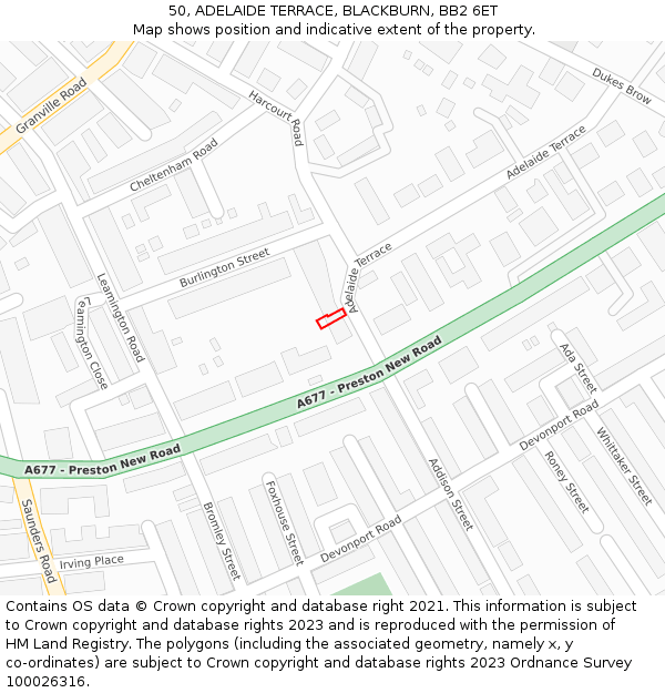 50, ADELAIDE TERRACE, BLACKBURN, BB2 6ET: Location map and indicative extent of plot