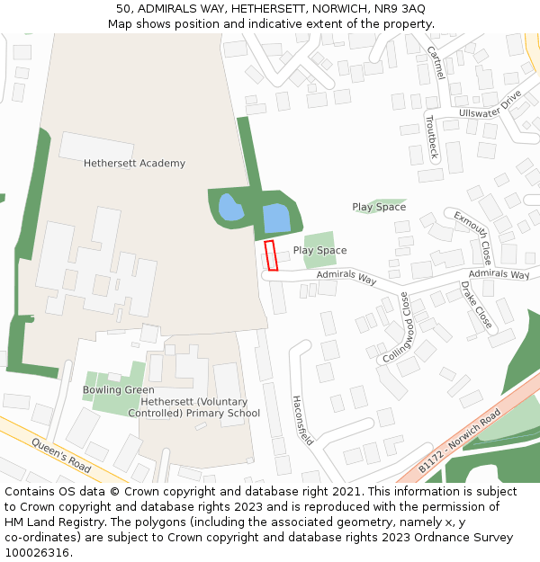 50, ADMIRALS WAY, HETHERSETT, NORWICH, NR9 3AQ: Location map and indicative extent of plot