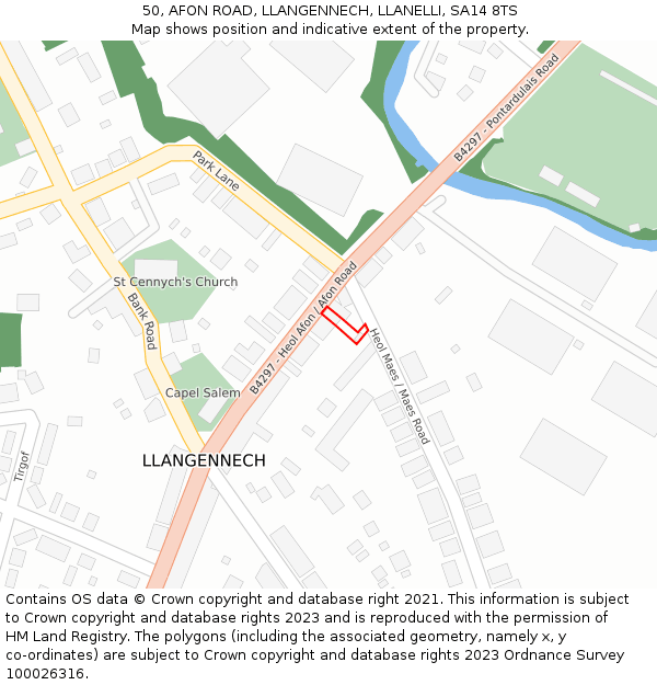 50, AFON ROAD, LLANGENNECH, LLANELLI, SA14 8TS: Location map and indicative extent of plot