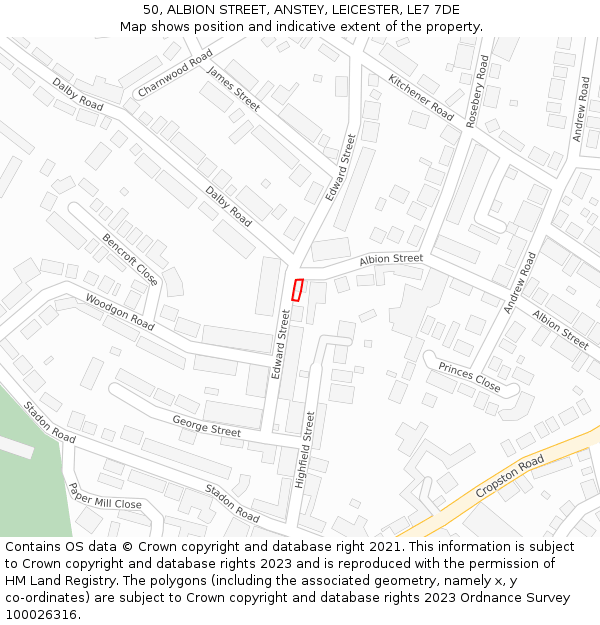 50, ALBION STREET, ANSTEY, LEICESTER, LE7 7DE: Location map and indicative extent of plot