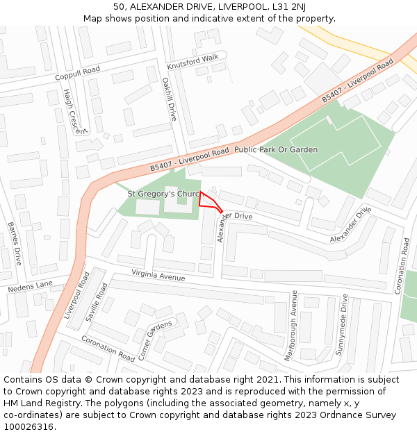 50, ALEXANDER DRIVE, LIVERPOOL, L31 2NJ: Location map and indicative extent of plot