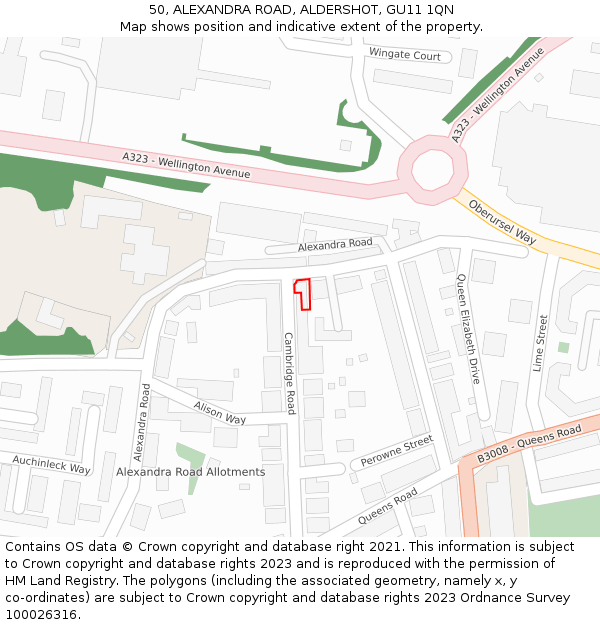 50, ALEXANDRA ROAD, ALDERSHOT, GU11 1QN: Location map and indicative extent of plot