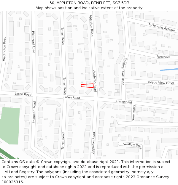 50, APPLETON ROAD, BENFLEET, SS7 5DB: Location map and indicative extent of plot