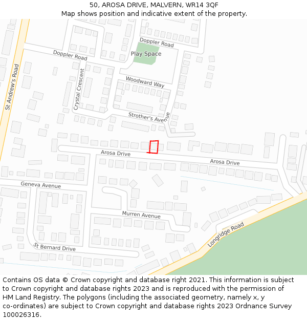 50, AROSA DRIVE, MALVERN, WR14 3QF: Location map and indicative extent of plot