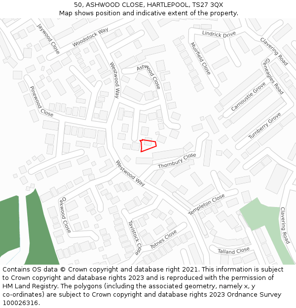 50, ASHWOOD CLOSE, HARTLEPOOL, TS27 3QX: Location map and indicative extent of plot