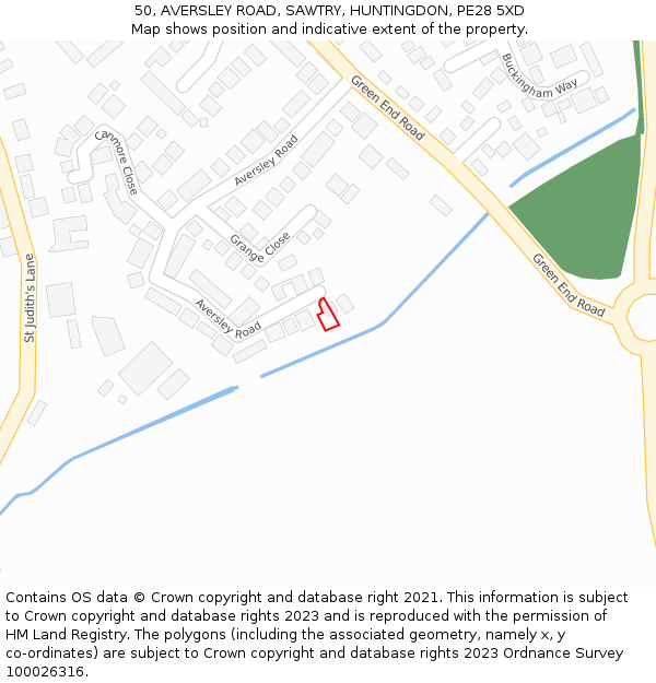 50, AVERSLEY ROAD, SAWTRY, HUNTINGDON, PE28 5XD: Location map and indicative extent of plot