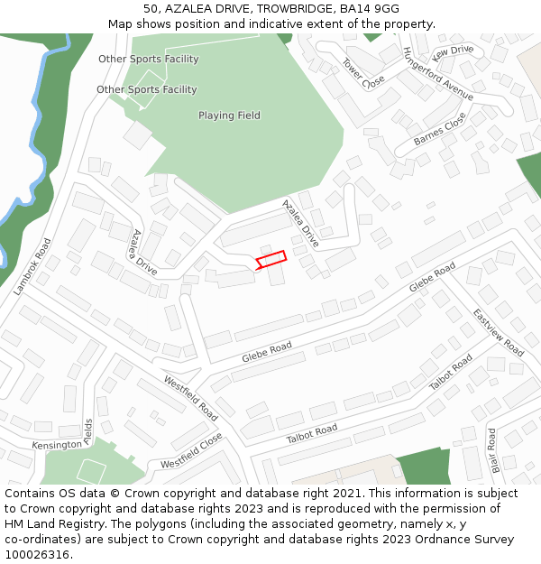 50, AZALEA DRIVE, TROWBRIDGE, BA14 9GG: Location map and indicative extent of plot