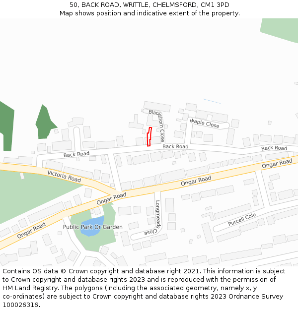 50, BACK ROAD, WRITTLE, CHELMSFORD, CM1 3PD: Location map and indicative extent of plot