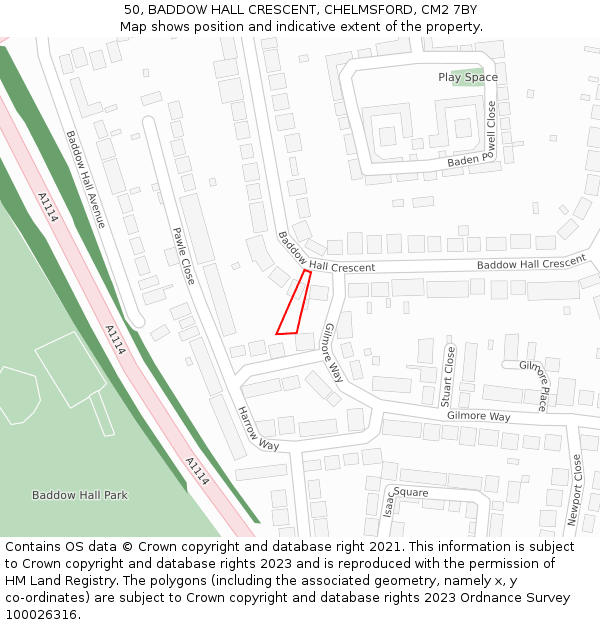 50, BADDOW HALL CRESCENT, CHELMSFORD, CM2 7BY: Location map and indicative extent of plot