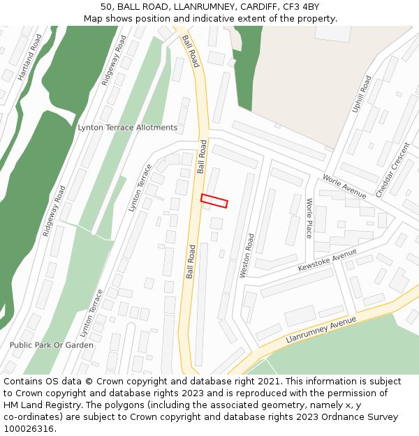 50, BALL ROAD, LLANRUMNEY, CARDIFF, CF3 4BY: Location map and indicative extent of plot