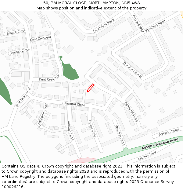 50, BALMORAL CLOSE, NORTHAMPTON, NN5 4WA: Location map and indicative extent of plot