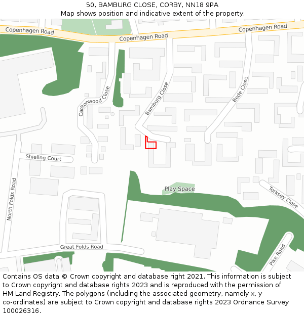 50, BAMBURG CLOSE, CORBY, NN18 9PA: Location map and indicative extent of plot