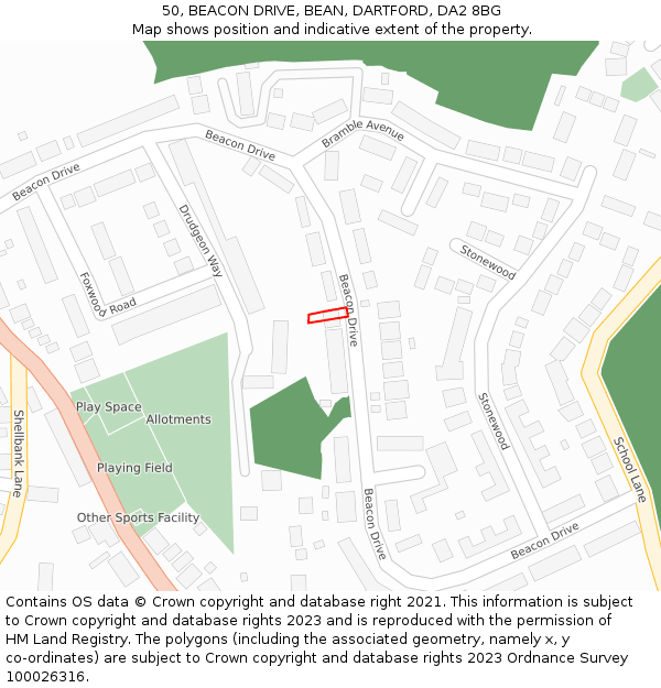 50, BEACON DRIVE, BEAN, DARTFORD, DA2 8BG: Location map and indicative extent of plot