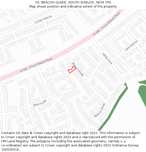 50, BEACON GLADE, SOUTH SHIELDS, NE34 7PS: Location map and indicative extent of plot