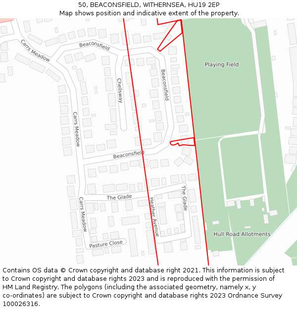 50, BEACONSFIELD, WITHERNSEA, HU19 2EP: Location map and indicative extent of plot