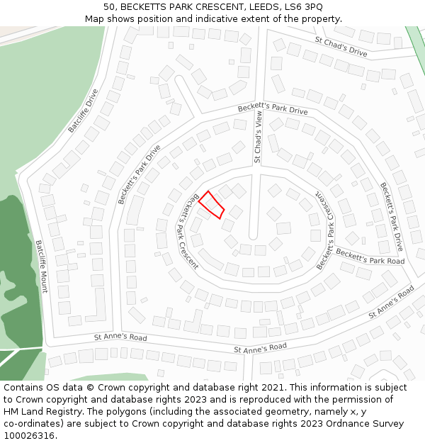 50, BECKETTS PARK CRESCENT, LEEDS, LS6 3PQ: Location map and indicative extent of plot