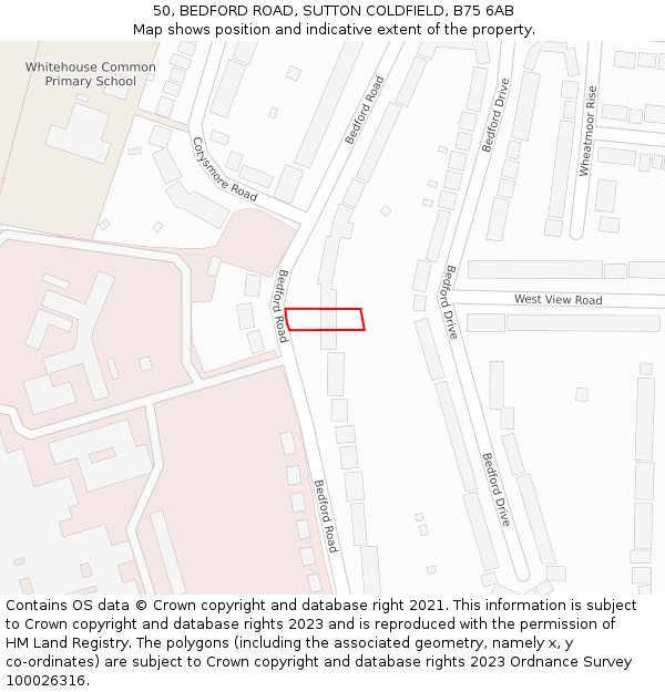 50, BEDFORD ROAD, SUTTON COLDFIELD, B75 6AB: Location map and indicative extent of plot