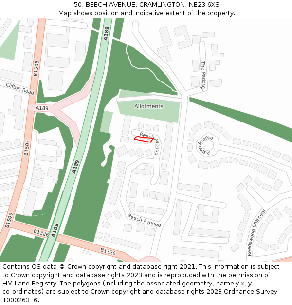 50, BEECH AVENUE, CRAMLINGTON, NE23 6XS: Location map and indicative extent of plot