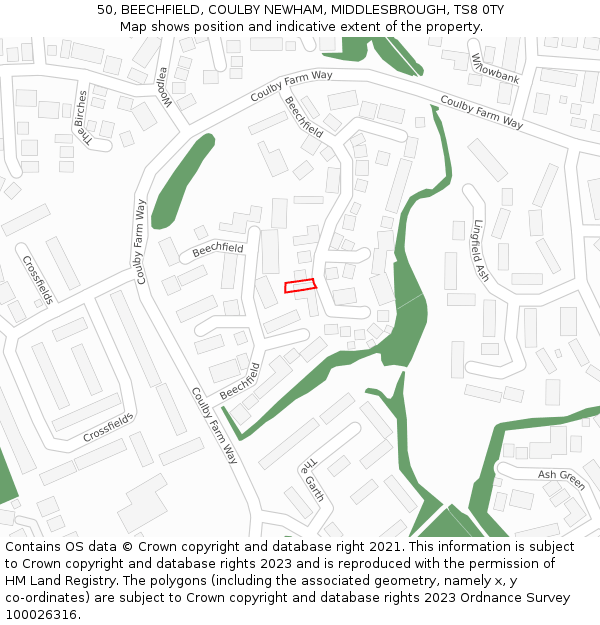 50, BEECHFIELD, COULBY NEWHAM, MIDDLESBROUGH, TS8 0TY: Location map and indicative extent of plot