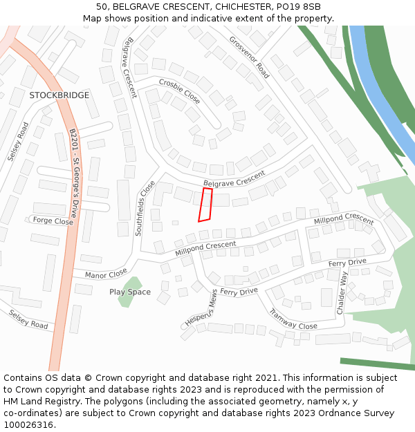 50, BELGRAVE CRESCENT, CHICHESTER, PO19 8SB: Location map and indicative extent of plot