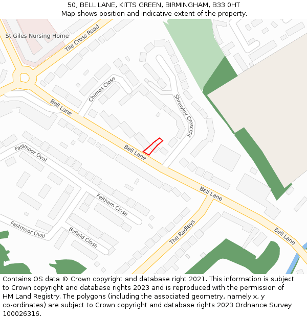 50, BELL LANE, KITTS GREEN, BIRMINGHAM, B33 0HT: Location map and indicative extent of plot