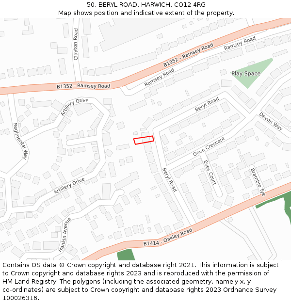 50, BERYL ROAD, HARWICH, CO12 4RG: Location map and indicative extent of plot