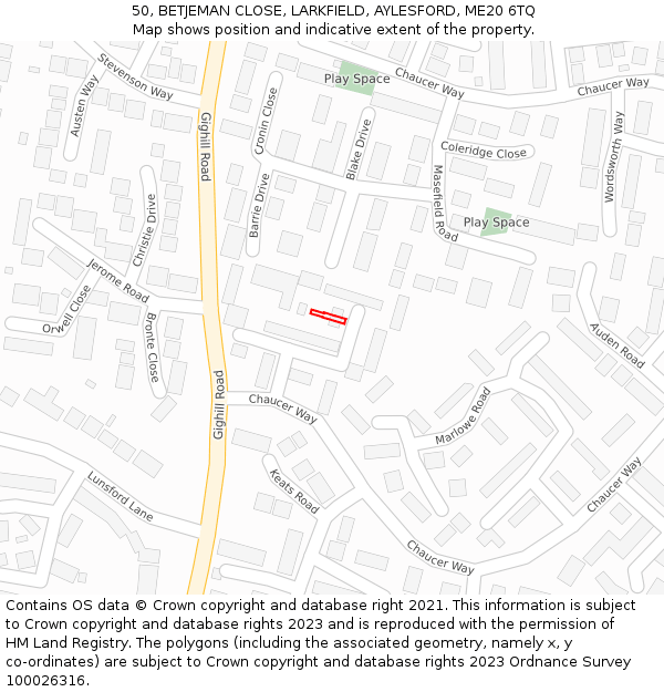 50, BETJEMAN CLOSE, LARKFIELD, AYLESFORD, ME20 6TQ: Location map and indicative extent of plot