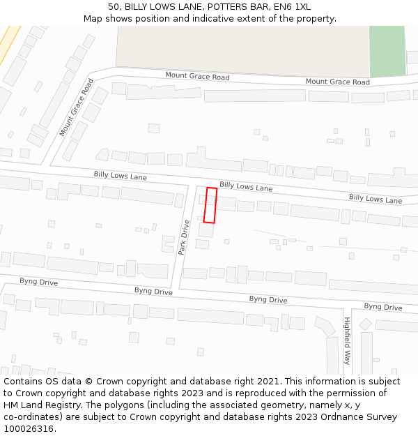 50, BILLY LOWS LANE, POTTERS BAR, EN6 1XL: Location map and indicative extent of plot