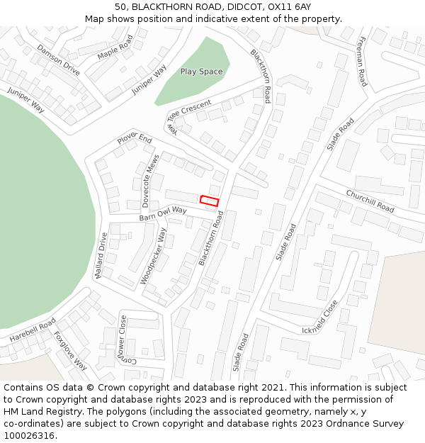 50, BLACKTHORN ROAD, DIDCOT, OX11 6AY: Location map and indicative extent of plot