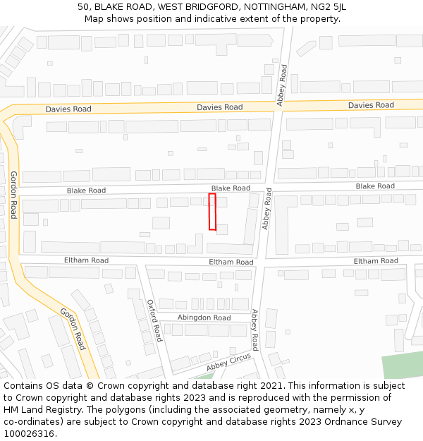 50, BLAKE ROAD, WEST BRIDGFORD, NOTTINGHAM, NG2 5JL: Location map and indicative extent of plot