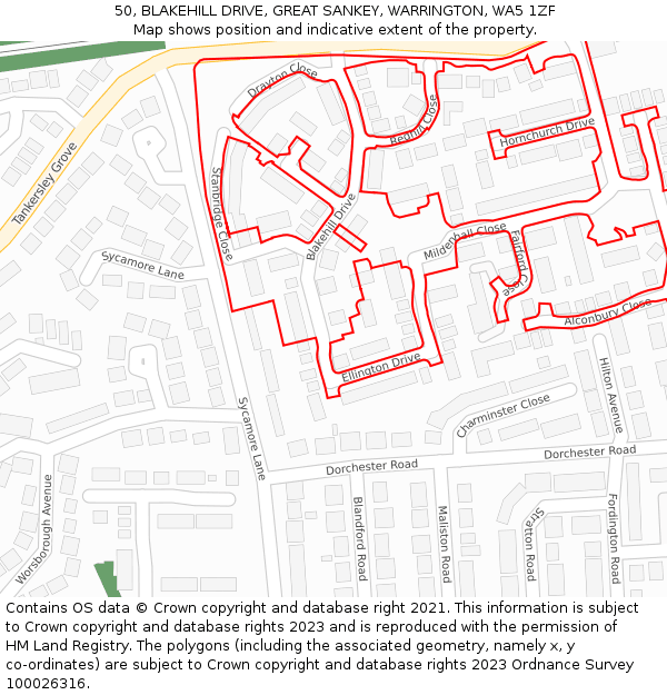 50, BLAKEHILL DRIVE, GREAT SANKEY, WARRINGTON, WA5 1ZF: Location map and indicative extent of plot