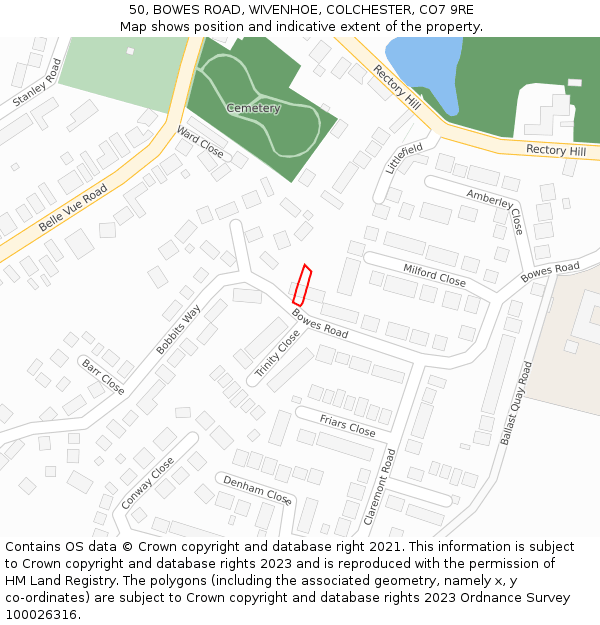 50, BOWES ROAD, WIVENHOE, COLCHESTER, CO7 9RE: Location map and indicative extent of plot