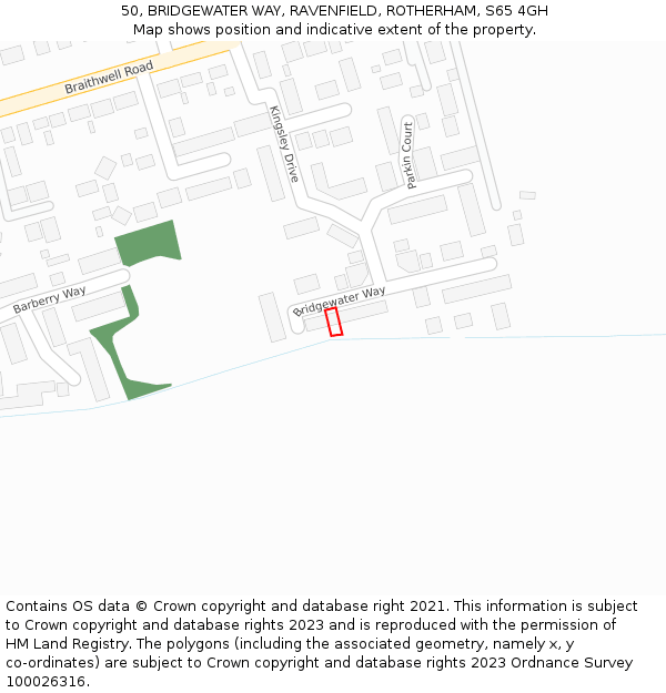 50, BRIDGEWATER WAY, RAVENFIELD, ROTHERHAM, S65 4GH: Location map and indicative extent of plot