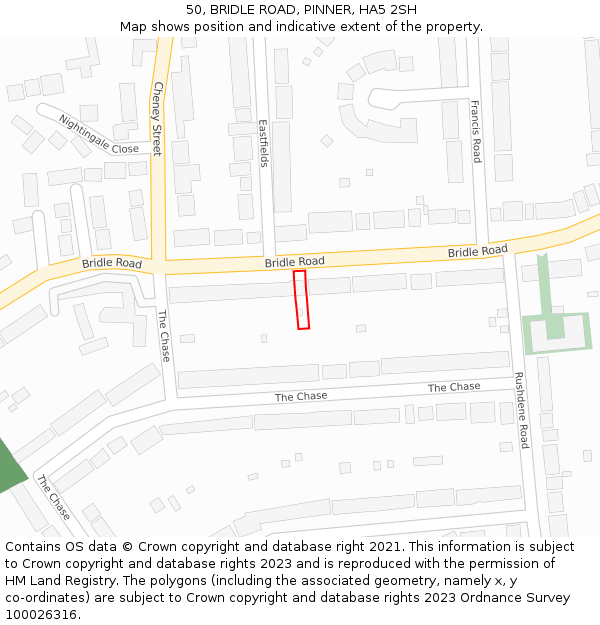 50, BRIDLE ROAD, PINNER, HA5 2SH: Location map and indicative extent of plot