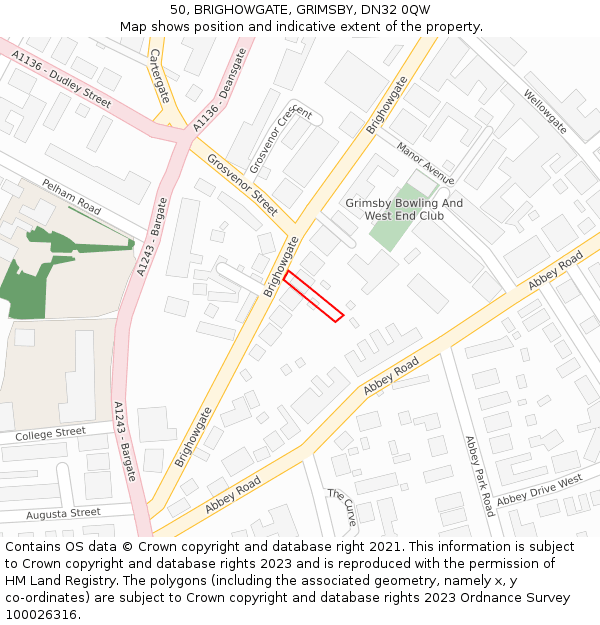 50, BRIGHOWGATE, GRIMSBY, DN32 0QW: Location map and indicative extent of plot