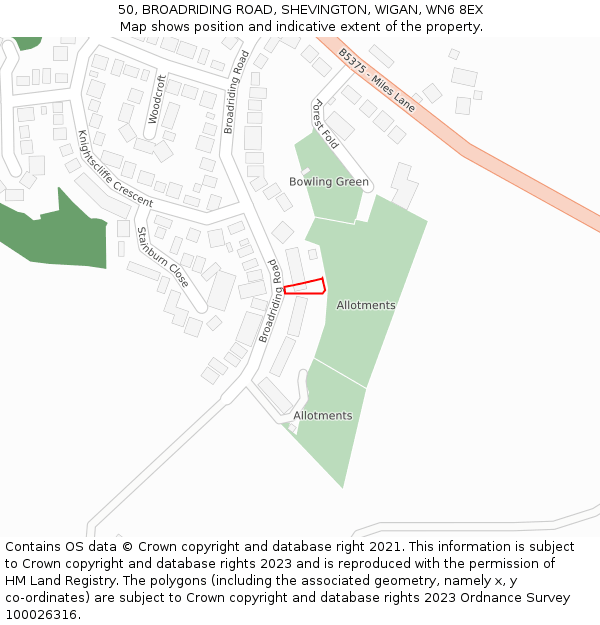 50, BROADRIDING ROAD, SHEVINGTON, WIGAN, WN6 8EX: Location map and indicative extent of plot