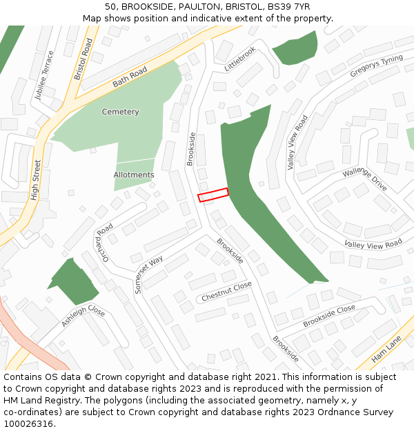 50, BROOKSIDE, PAULTON, BRISTOL, BS39 7YR: Location map and indicative extent of plot