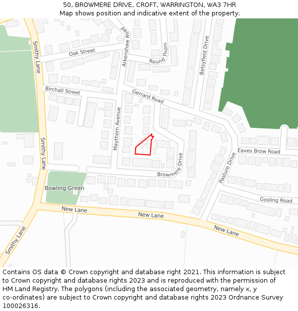 50, BROWMERE DRIVE, CROFT, WARRINGTON, WA3 7HR: Location map and indicative extent of plot