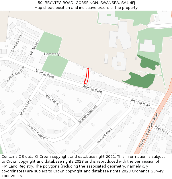 50, BRYNTEG ROAD, GORSEINON, SWANSEA, SA4 4FJ: Location map and indicative extent of plot