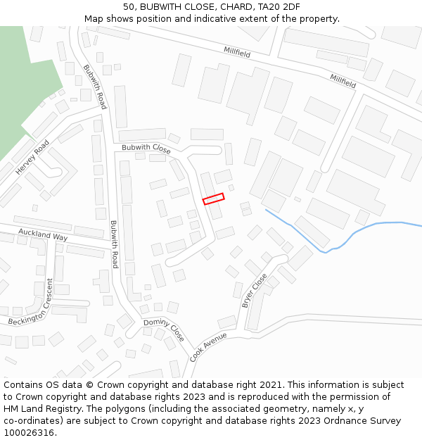 50, BUBWITH CLOSE, CHARD, TA20 2DF: Location map and indicative extent of plot