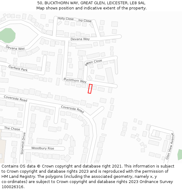 50, BUCKTHORN WAY, GREAT GLEN, LEICESTER, LE8 9AL: Location map and indicative extent of plot