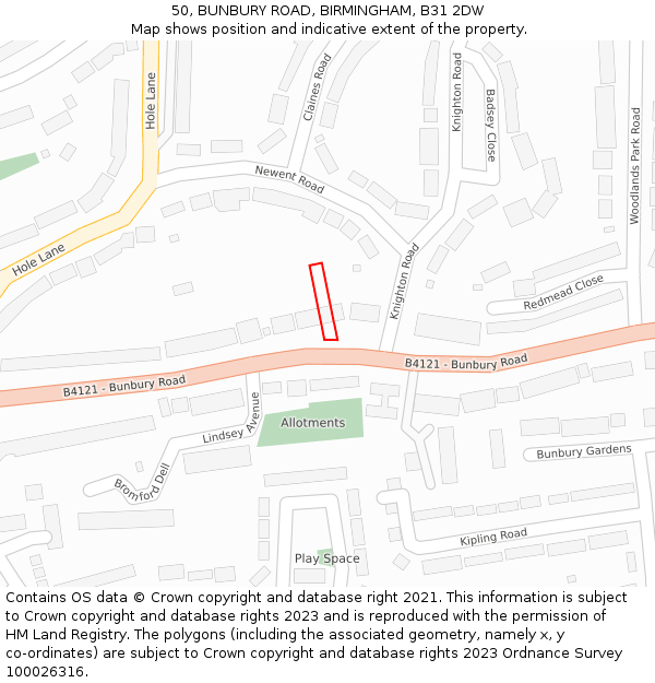 50, BUNBURY ROAD, BIRMINGHAM, B31 2DW: Location map and indicative extent of plot