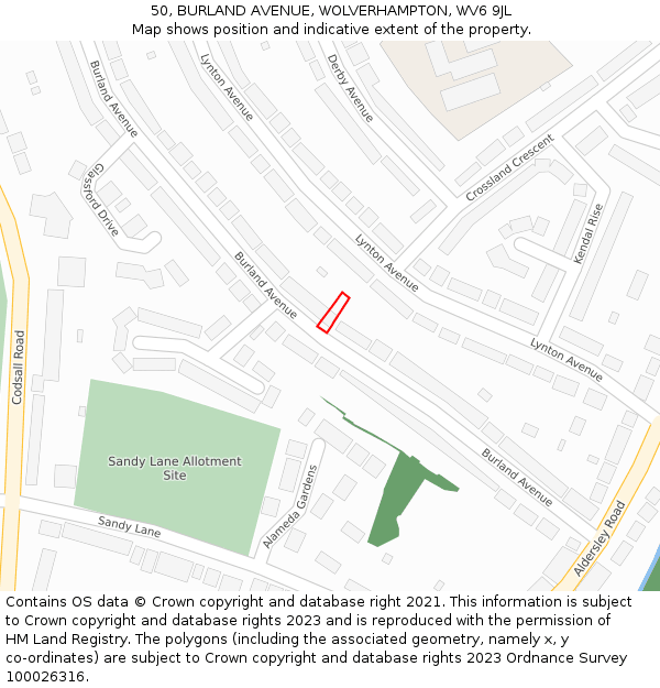 50, BURLAND AVENUE, WOLVERHAMPTON, WV6 9JL: Location map and indicative extent of plot