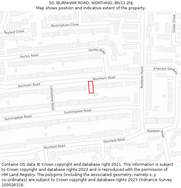 50, BURNHAM ROAD, WORTHING, BN13 2NJ: Location map and indicative extent of plot