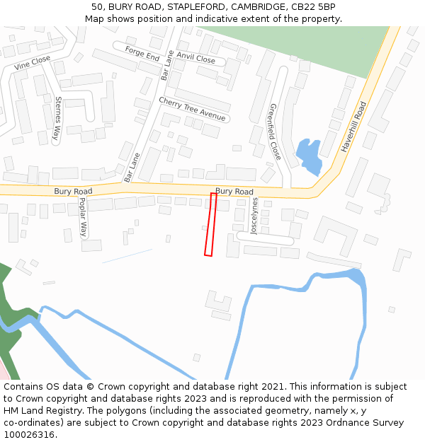 50, BURY ROAD, STAPLEFORD, CAMBRIDGE, CB22 5BP: Location map and indicative extent of plot