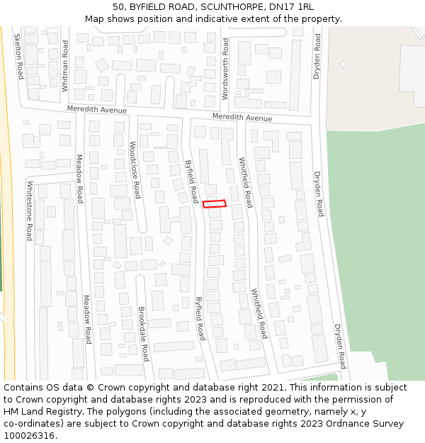 50, BYFIELD ROAD, SCUNTHORPE, DN17 1RL: Location map and indicative extent of plot