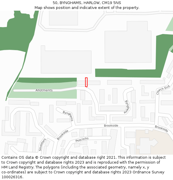 50, BYNGHAMS, HARLOW, CM19 5NS: Location map and indicative extent of plot