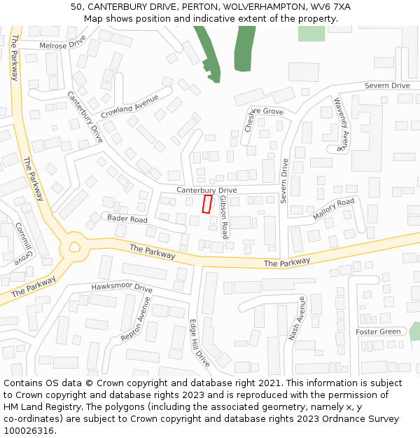 50, CANTERBURY DRIVE, PERTON, WOLVERHAMPTON, WV6 7XA: Location map and indicative extent of plot