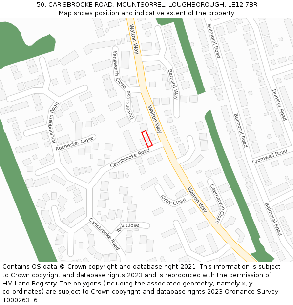 50, CARISBROOKE ROAD, MOUNTSORREL, LOUGHBOROUGH, LE12 7BR: Location map and indicative extent of plot