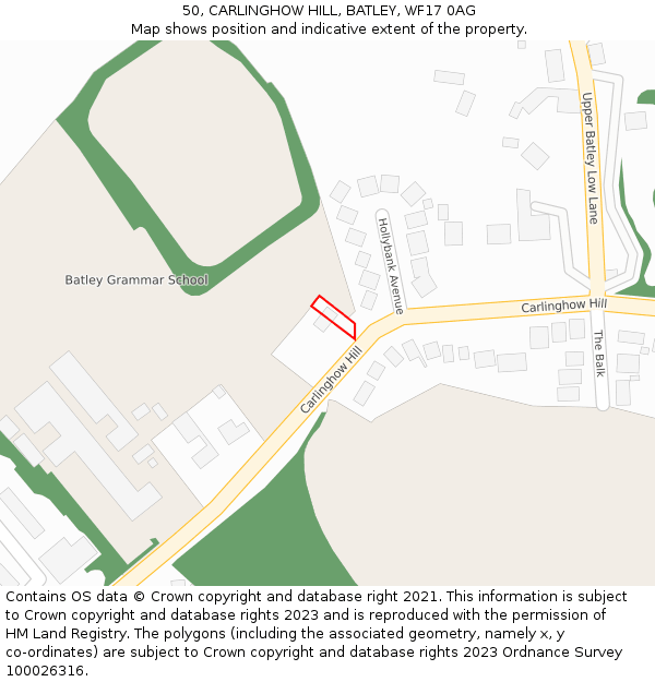 50, CARLINGHOW HILL, BATLEY, WF17 0AG: Location map and indicative extent of plot